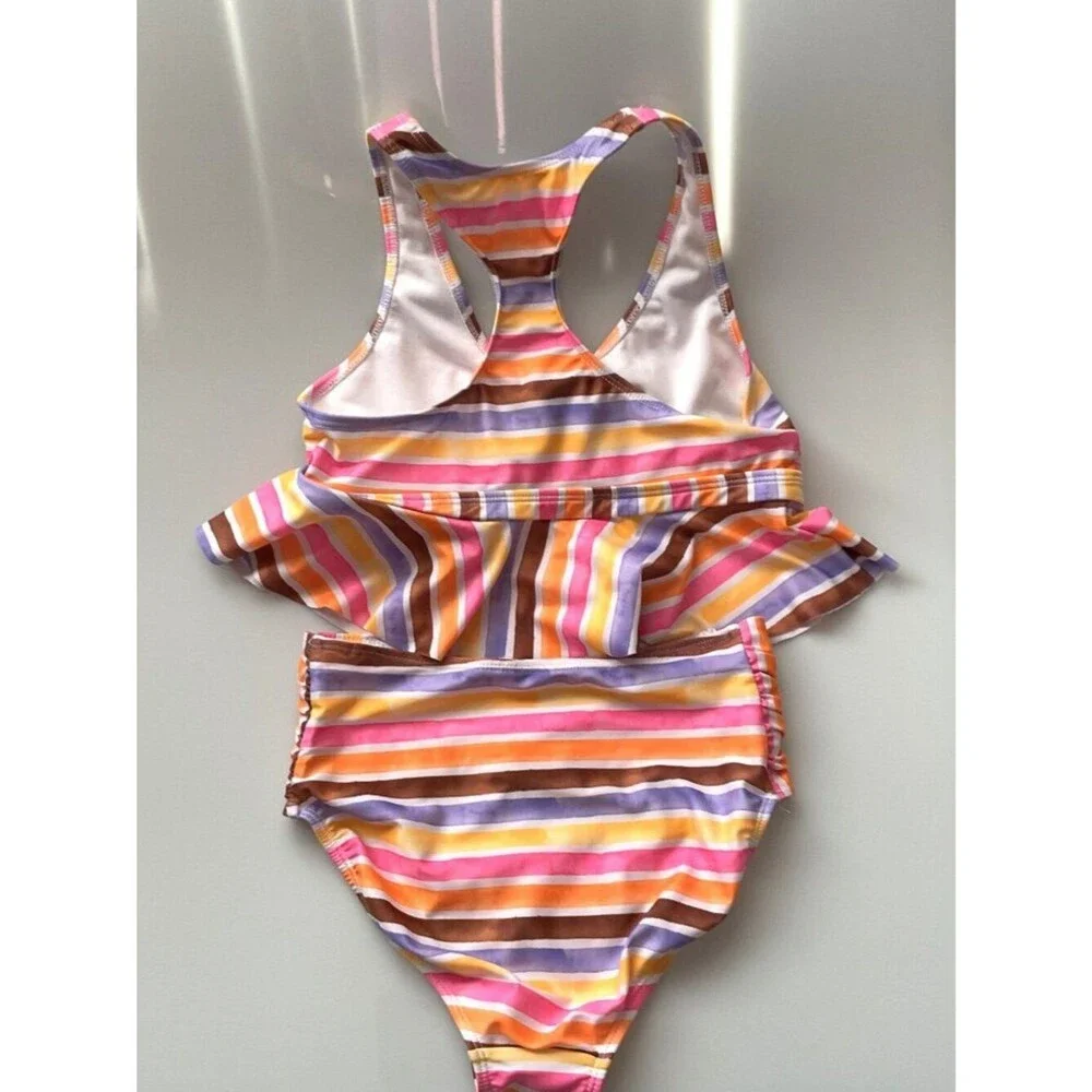 Like New Wonder Nation Girls Striped Tankini Swimming Suit 2 Pc Set UPF 50+